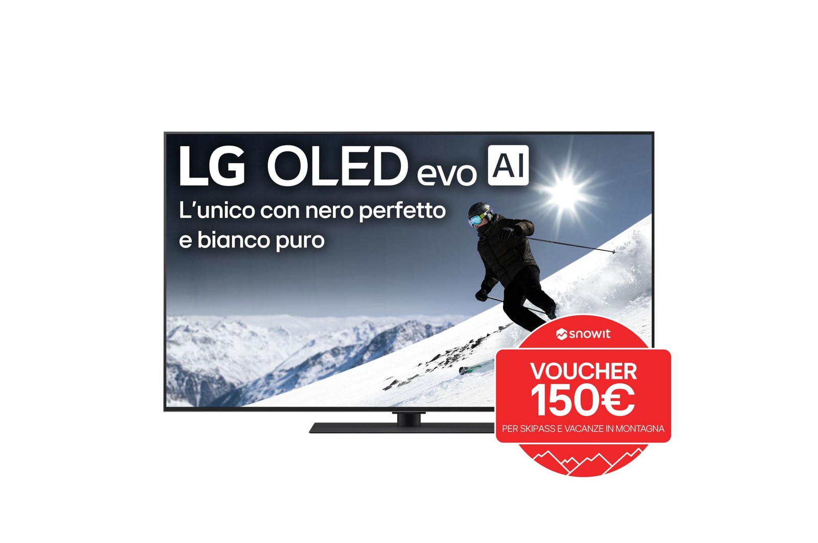 Vista frontale di una TV 55 pollici LG OLED evo AI G5 4K Smart TV 2025 OLED55G56LS con bollo promozione